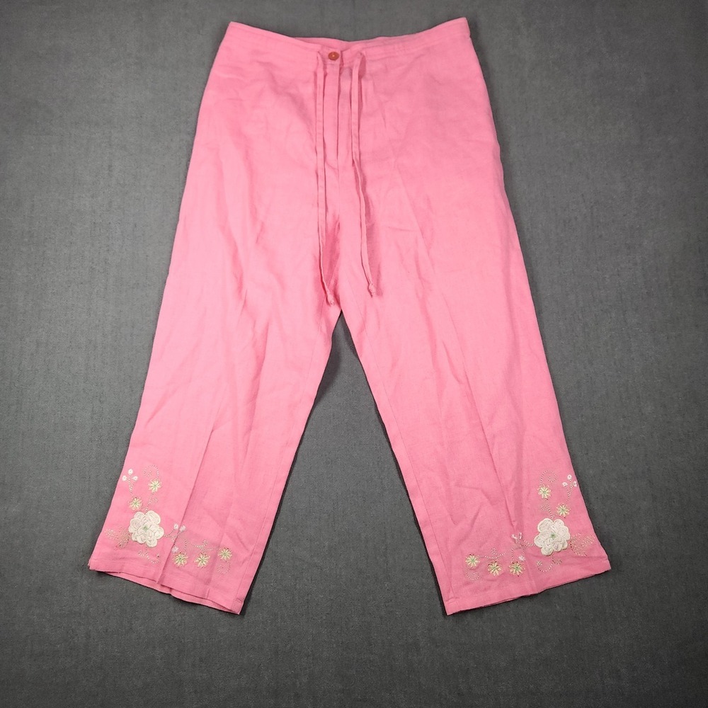 Sag Harbor Pants Womens Size 8 Petite Cropped‎ Linen Embroidered Floral Pink